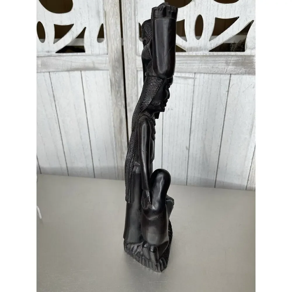 African Statue Ebony Wood Carved Family Of 4 Statue Tanzania 14.5in Mother Baby